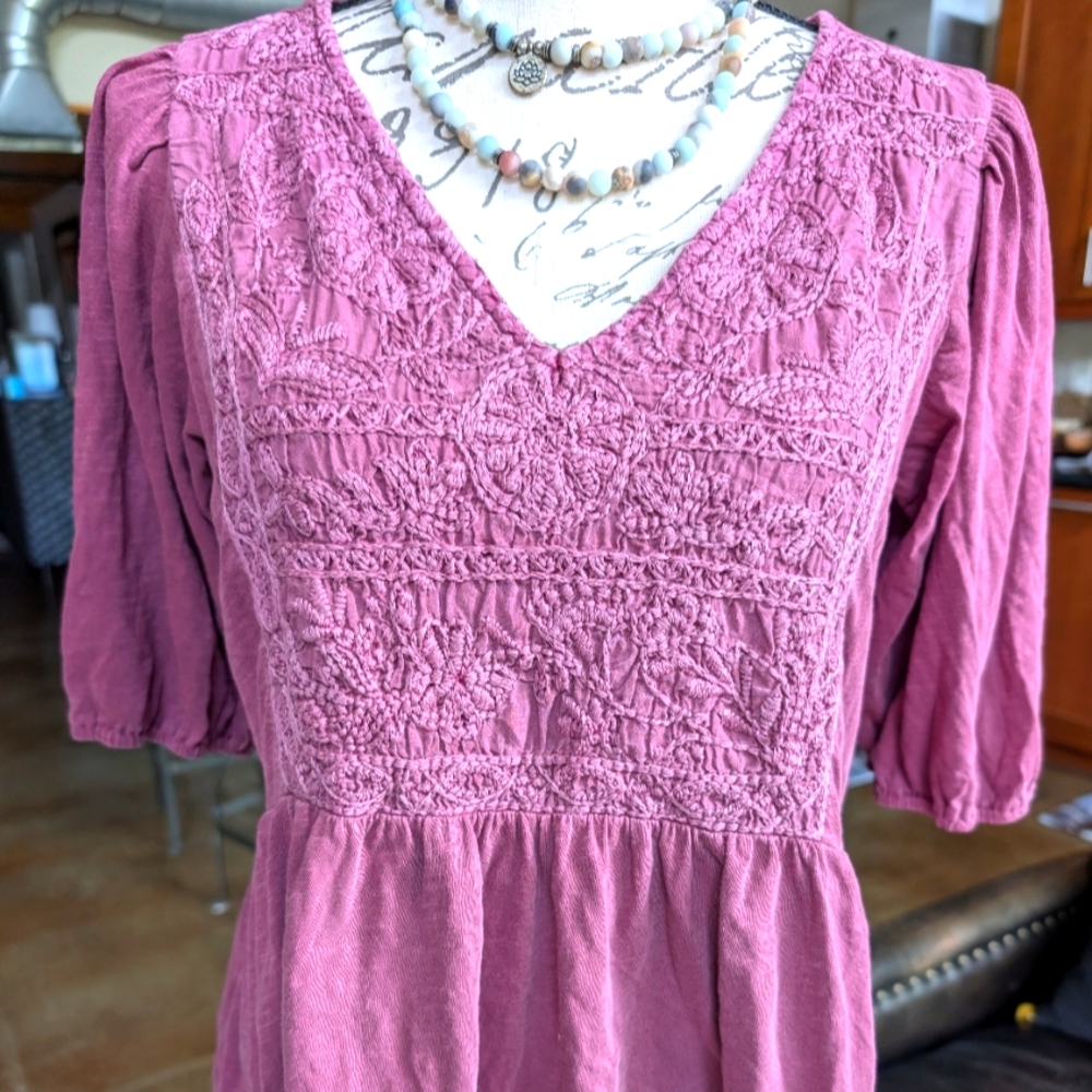 Lucky Brand Pink Smocked Peplum Blouse 3/4 Sleeves